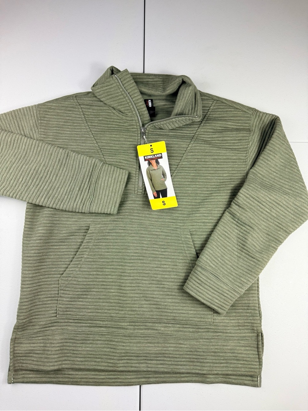 Kirkland Signature Olive Green Quarter-Zip Ribbed Sweater
